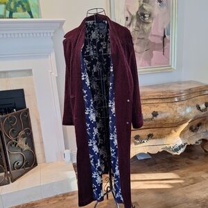 Anthropologie Cord Long Jacket SZ4 Burgundy w Striking Blue Floral Lining